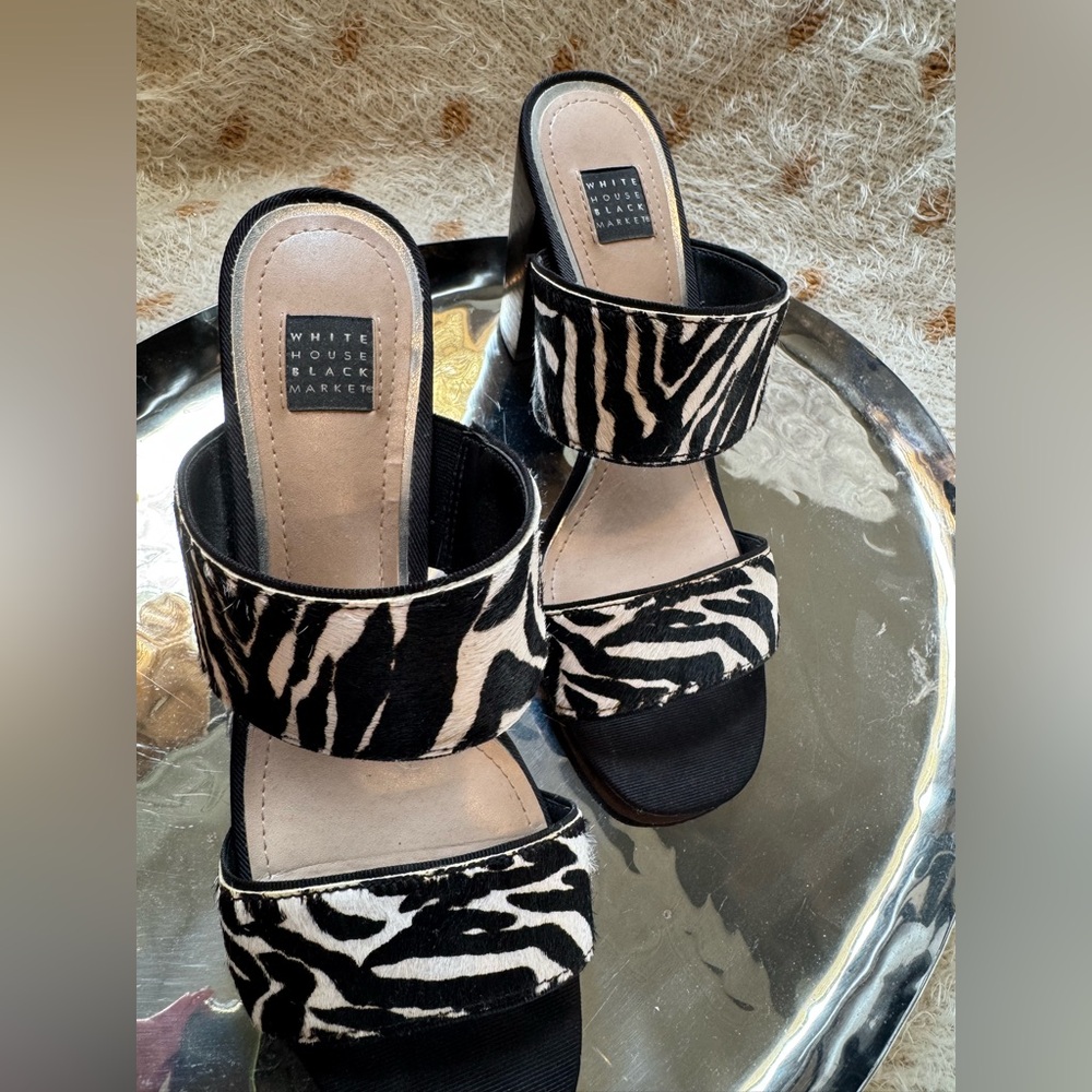 White House Black Market Zebra Pattern Open Toe Heels
